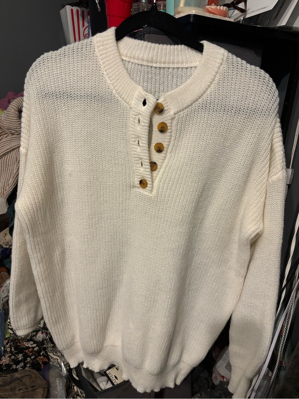 Classic Cream Henley Knit Sweater - XXL